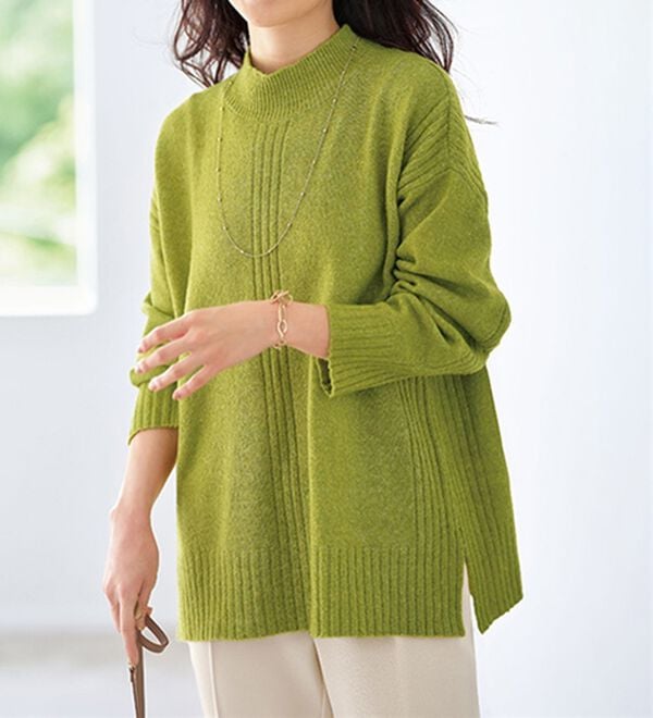 BELLUNA（ベルーナ）の「【快適Ｌａｂ．】洗える＆チクチクしにくい！ウール調ニットプルオーバー（ニット・セーター）」｜ライムグリーン