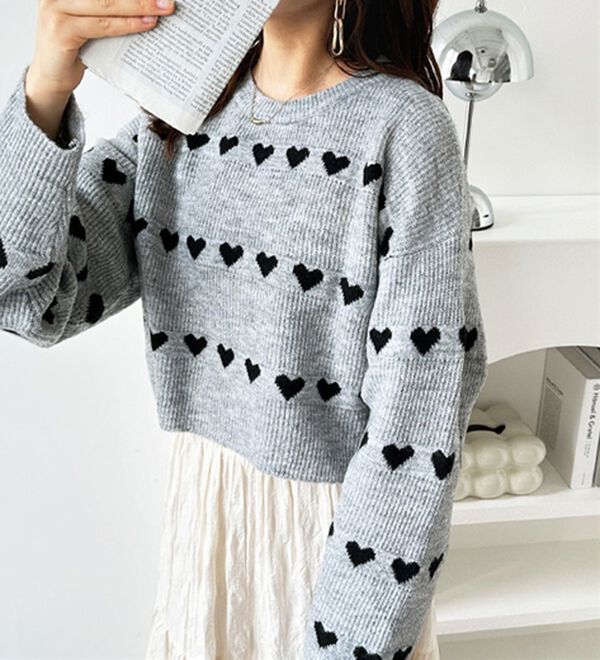 NKNT ハート柄 長袖ニットセーター ハート柄ショートニットプルオーバー - ベルーナ【公式】