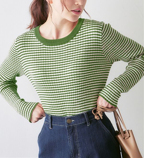 Viola e Viola（ヴィオラ エ ヴィオラ）の「【静電気防止】綿１００％ちくちくしないボーダーリブニット（ニット・セーター）」｜グリーン