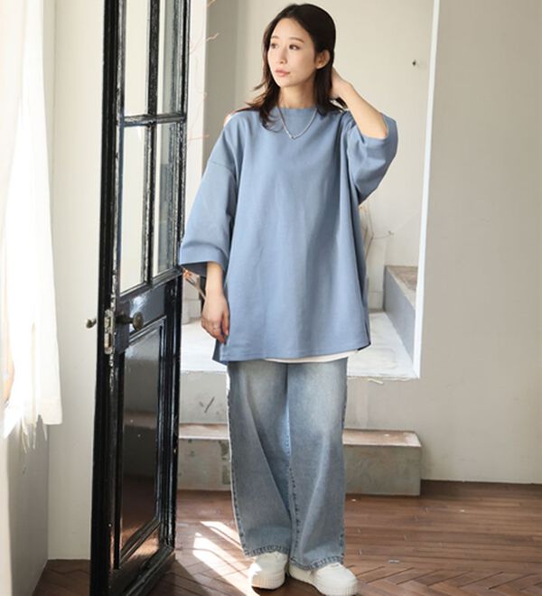 A HAPPY MARILYN（アハッピーマリリン）の「【Ｍ～８Ｌ／選べる袖丈】綿トレーナーライクビッグシルエットＴシャツ（Tシャツ）」｜詳細画像