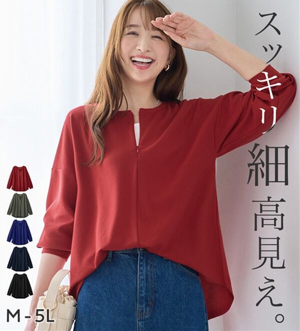 Viola e Viola（ヴィオラ エ ヴィオラ）の「細見えラインリップル素材ジップトップス（カットソー）」｜詳細画像