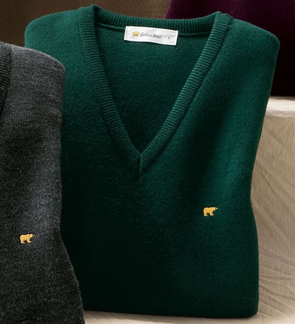 「＜ゴールデンベア＞国産上質新定番ニットベスト（メンズニット・セーター）」｜ダークグリーン
