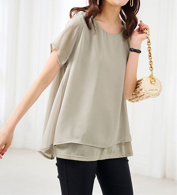 RANAN（ラナン）の「ひんやり！異素材使い重ねチュニック・プルオーバー（カットソー）」｜グレージュ