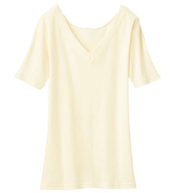 「なめらかシルク入りジャカード半袖インナー（肌着・インナーウェア）」｜アイボリー