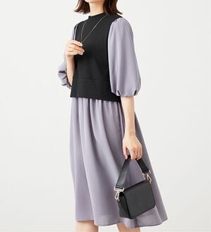 BELLUNA（ベルーナ）の「ベルト使い異素材切替ワンピ―ス（その他ワンピース）」｜ブルーグレー系