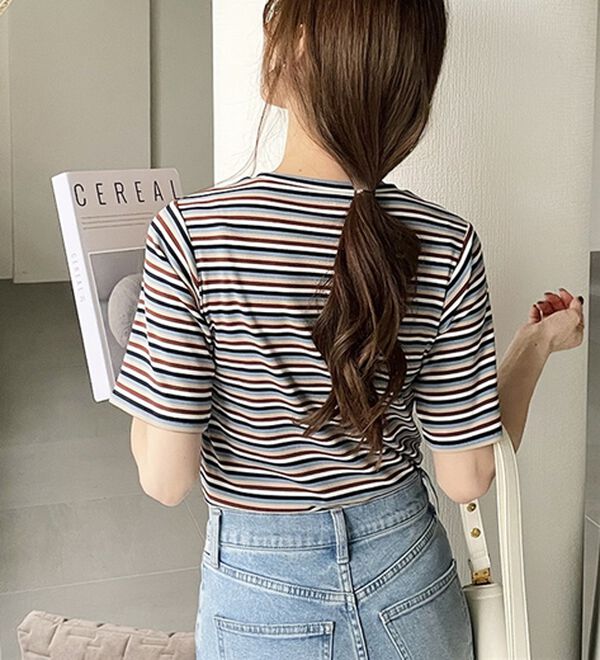 GeeRA（ジーラ）の「マルチボーダー５分袖リブカットソー（カットソー）」｜詳細画像