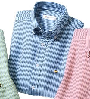 「＜ゴールデンベア＞涼感サッカーストライプシャツ（メンズシャツ）」｜ブルー