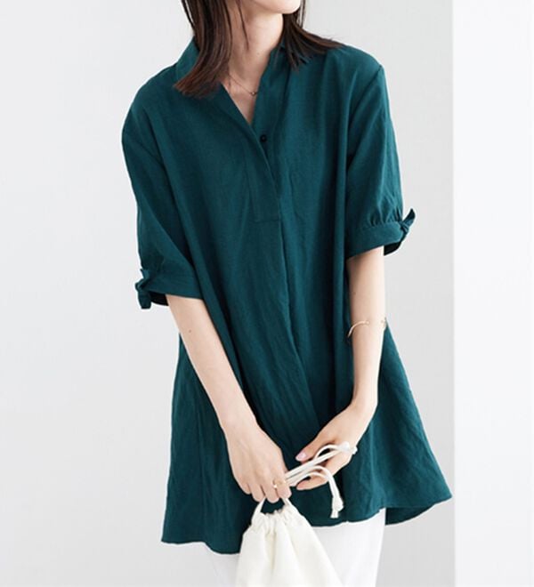 BELLUNA（ベルーナ）の「【接触冷感】麻調素材袖リボン使いシャツチュニック（チュニック）」｜詳細画像