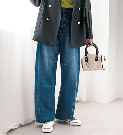 BELLUNA（ベルーナ）の「【UNDOVE】綿１００％フリンジ使いカーブデニムパンツ（ワイドパンツ・ガウチョ）」