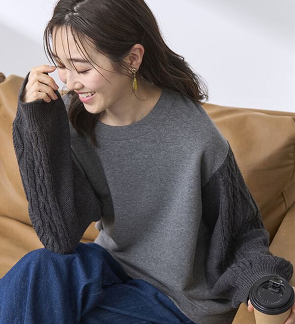 BELLUNA（ベルーナ）の「ケーブルニット使い裏起毛トレーナー（トレーナー・スウェット）」｜詳細画像