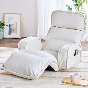 iellio（イエリオ）の「ＮＥＷ収納簡単低反発もこもこ座椅子＜１人掛け・リクライニング・フロアチェア・ごろ寝マット・ロングマット・長座布団＞（座椅子）」｜アイボリー(レザー調)