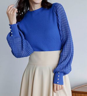 RANAN（ラナン）の「パール調ボタン付シアー袖ニットプルオーバー（ニット・セーター）」｜ブルー
