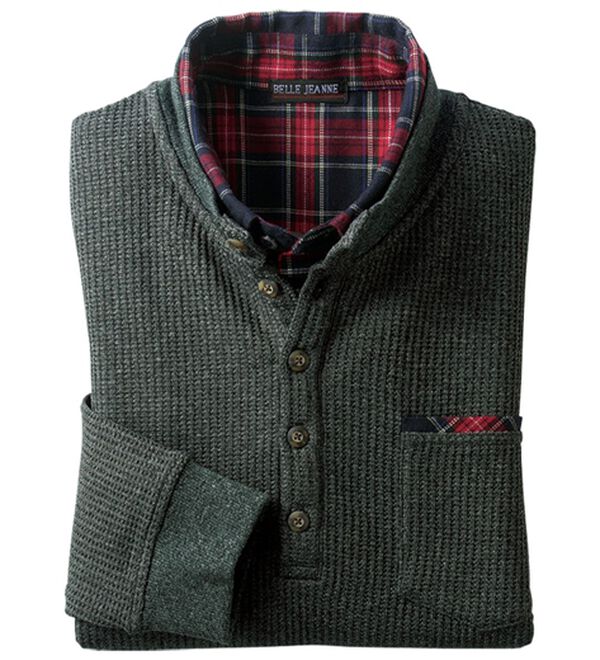 「ワッフルダブル衿トレーナー（メンズトレーナー）」｜杢チャコール