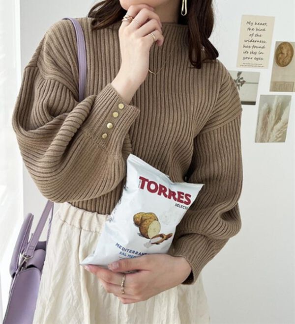 GeeRA（ジーラ）の「袖ボタンボトルネックリブニット（ニット・セーター）」｜モカベージュ