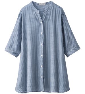 BELLUNA（ベルーナ）の「スラブ素材スキッパーデザインシャツ（シャツ）」｜ネイビーストライプ