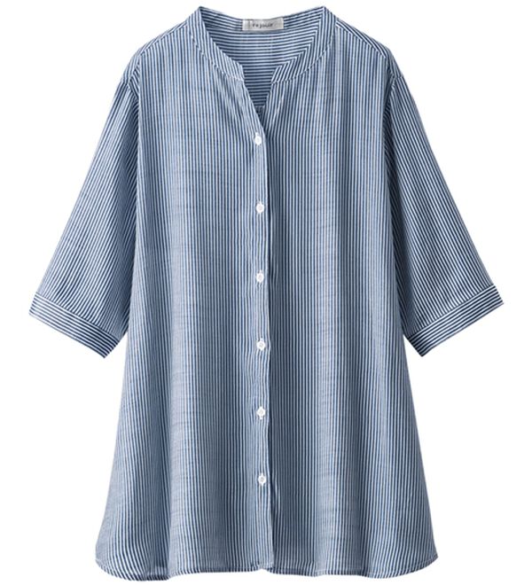 BELLUNA（ベルーナ）の「スラブ素材スキッパーデザインシャツ（シャツ）」｜ネイビーストライプ