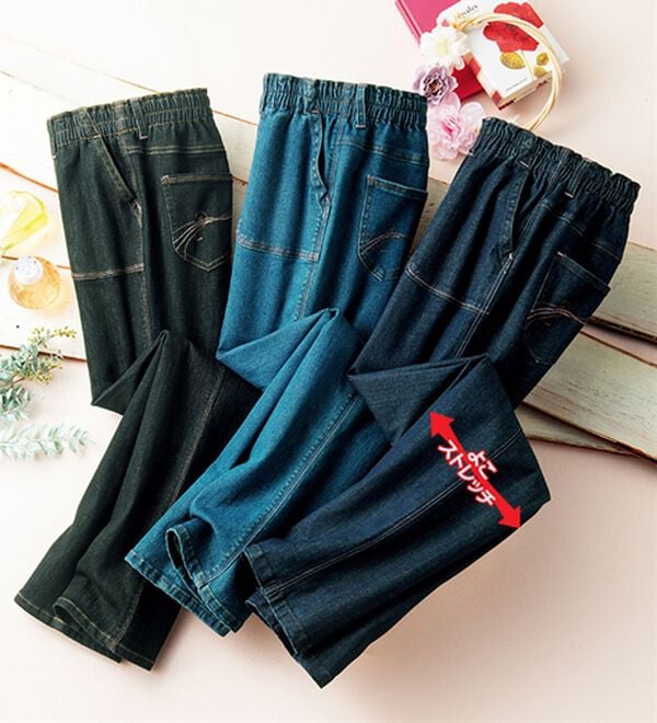 ルフラン（ルフラン）の「【３本組】配色ステッチ柔らか楽デニム（フルレングスパンツ）」｜詳細画像