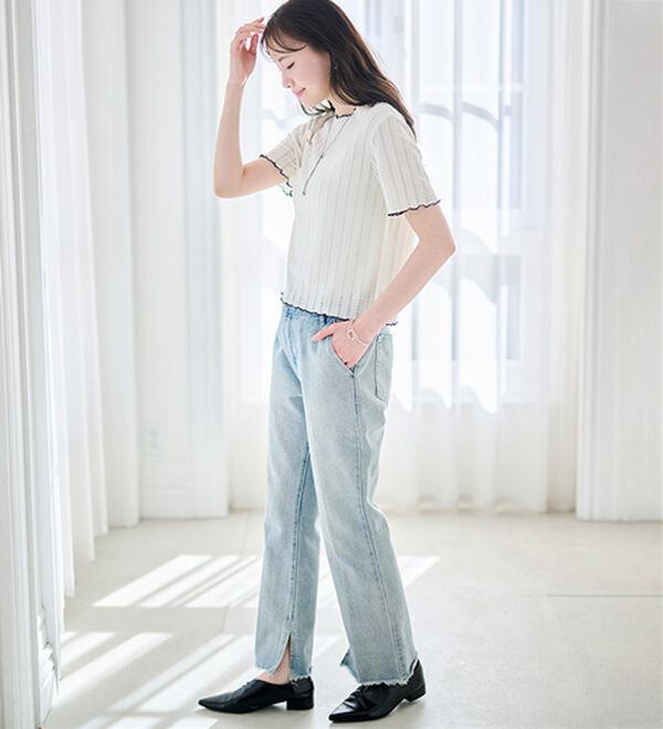 RANAN（ラナン）の「インせず着られる！透かし柄メロー配色Ｔシャツ（カットソー）」｜詳細画像