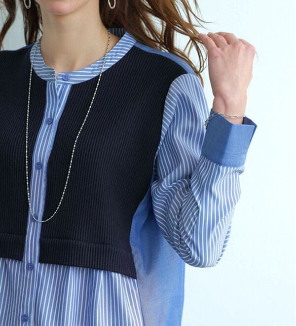 BELLUNA（ベルーナ）の「ストライプ&times;異素材切替シャツチュニック（チュニック）」｜詳細画像