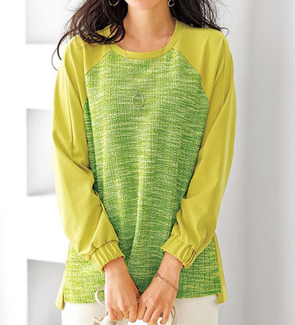 BELLUNA（ベルーナ）の「ツイード調切替デザインプルオーバー（カットソー）」｜ライムイエロー系