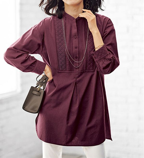 BELLUNA（ベルーナ）の「キルト×ピンタック使いシャツチュニック（チュニック）」｜ワイン