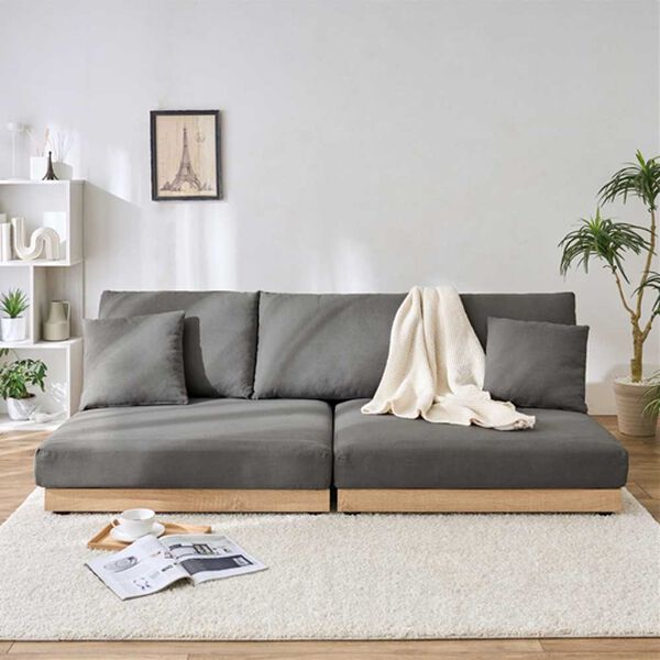 iellio（イエリオ）の「木飾り付ワイドローソファ（ソファ）」｜チャコールグレー