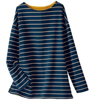 BELLUNA（ベルーナ）の「裏フリース配色プルオーバー（カットソー）」｜ボーダー(ネイビー／グレー)