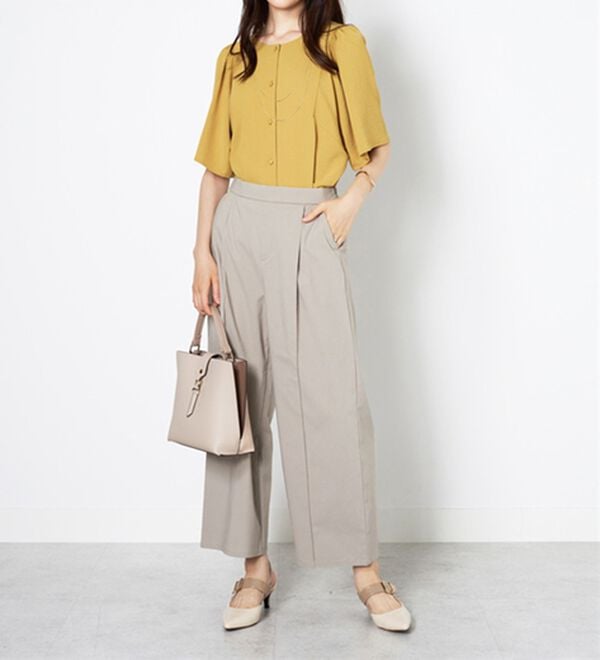 BELLUNA（ベルーナ）の「麻入りストレッチタックワイドパンツ（ワイドパンツ・ガウチョ）」｜詳細画像