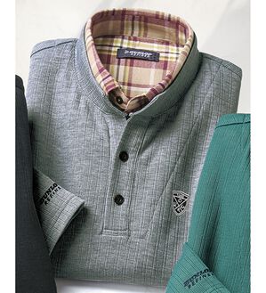 「＜ダンロップ・リファインド＞フェイクレイヤードスタンド衿トレーナー（メンズトレーナー）」｜杢グレー