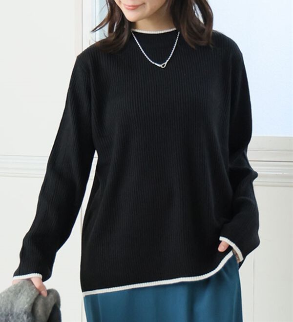 A HAPPY MARILYN（アハッピーマリリン）の「【ＬＬ～６Ｌ】＜新色追加＞Ｔシャツ感覚で着れるカメレオン級の着回しが叶うリブニット（ニット・セーター）」｜配色／ブラック