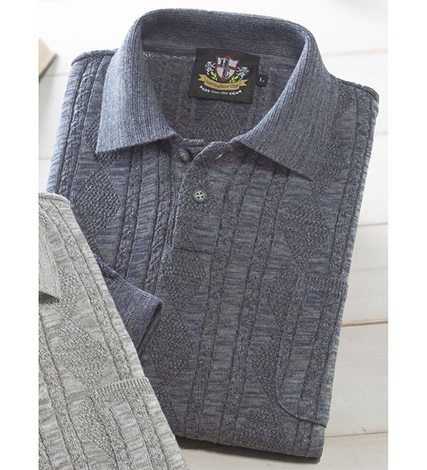 「＜ヘリンボーンクラブ＞日本製ダイヤ柄ニットポロシャツ（メンズポロシャツ）」｜ネイビー