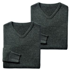 「日本製　３重奏のぬくもりエア３インナー（メンズ肌着・インナーウェア）」｜杢チャコール 長袖Ｖ首