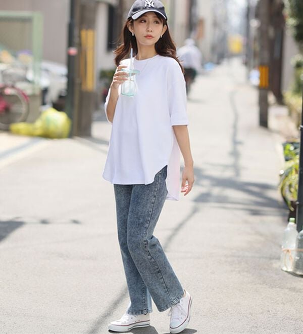 A HAPPY MARILYN（アハッピーマリリン）の「【Ｍ～８Ｌ】【ハッピーさらりん】裾ラウンド五分袖Ｔシャツ（Tシャツ）」｜詳細画像