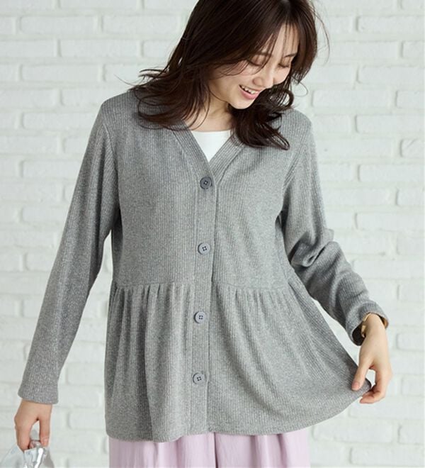 BELLUNA（ベルーナ）の「ラメ調リブ素材ペプラムカーディガン（ニットカーディガン）」｜杢グレー