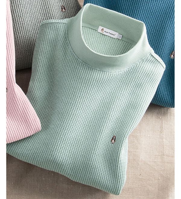 「＜ハッシュパピー＞杢調ワッフル地ハイネックトレーナー（メンズトレーナー）」｜ミックスグリーン