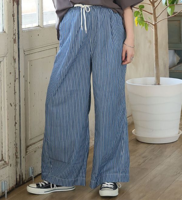 A HAPPY MARILYN（アハッピーマリリン）の「【Ｍ～８Ｌ】楽して叶う！イージーデニムワイドパンツ（ワイドパンツ・ガウチョ）」｜ブルーストライプ