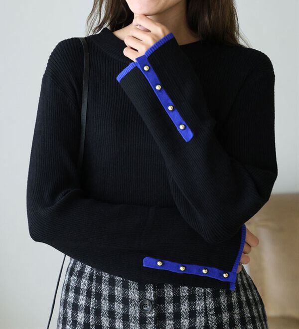 A HAPPY MARILYN（アハッピーマリリン）の「【Ｌ～８Ｌ】フィットしすぎない！もっちりリブ 配色美人着回し 袖ボタンニット（ニット・セーター）」｜詳細画像