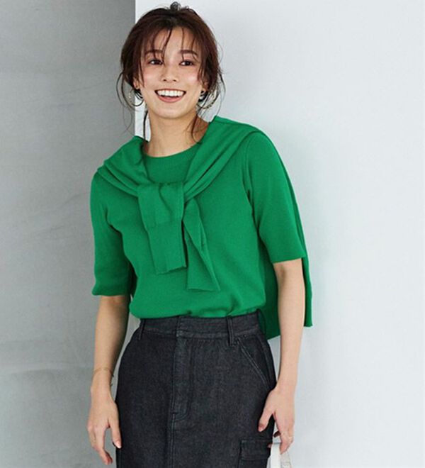 Pierrot（ピエロ）の「【洗濯機で洗える】多機能ニット５分袖トップス（ニット・セーター）」｜グリーン