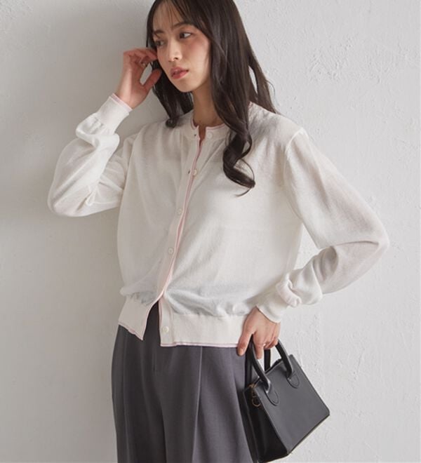 RANAN（ラナン）の「レイヤード風バイカラーシアーカーデ（ニットカーディガン）」｜詳細画像