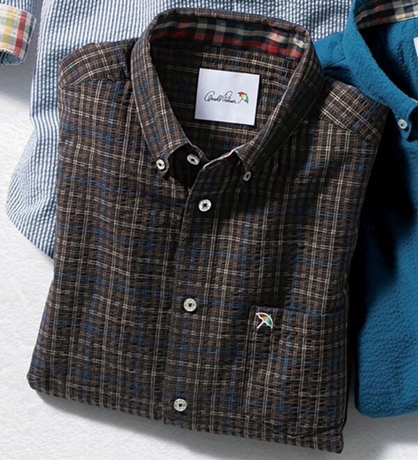 「＜アーノルド　パーマー＞シアサッカーデザインシャツ（長袖・７分袖）（メンズシャツ）」｜ブラウンチェック