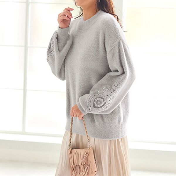 BELLUNA（ベルーナ）の「ふんわりシャギー袖レース使いセーター（ニット・セーター）」｜詳細画像