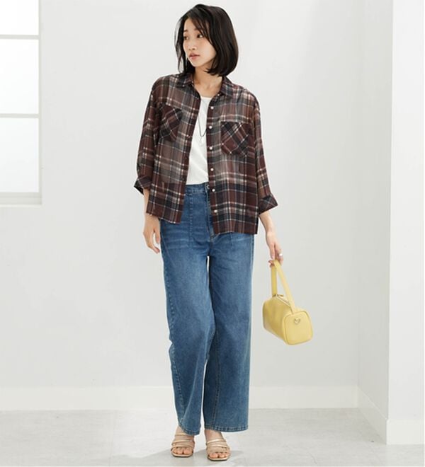 BELLUNA（ベルーナ）の「シフォン楊柳チェック柄プリントシャツ（シャツ）」｜詳細画像