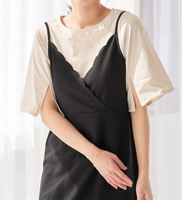 alotta（アロッタ）の「【接触冷感】綿１００％パール調デザインＴシャツ　さらひやりコットン（Tシャツ）」｜ライトベージュ