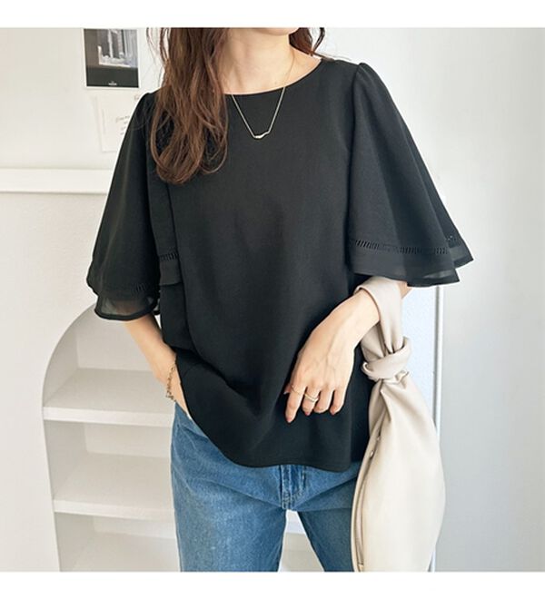 GeeRA（ジーラ）の「シアー切替フレアー袖Ｔブラウス（ブラウス）」｜詳細画像