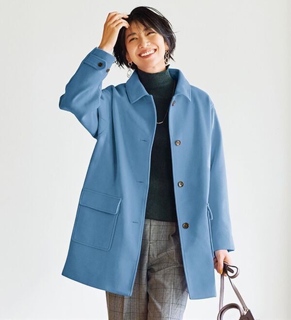 BELLUNA（ベルーナ）の「ウール調ステンカラーコート（ハーフコート）」｜ブルー