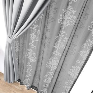 iellio（イエリオ）の「お買得カーテンセット（柄レース）＜４枚組・洗える・３級遮光・新生活・一人暮らし・引っ越し・模様替え・リーフ柄・ミモザ柄＞（ドレープカーテン）」｜ライトグレー(ｵｰﾅﾒﾝﾄﾚｰｽ)