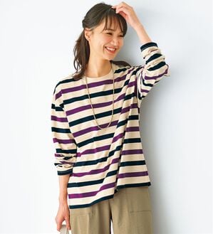 BELLUNA（ベルーナ）の「綿１００％配色ボーダープルオーバー（カットソー）」｜ネイビー&times;パープル