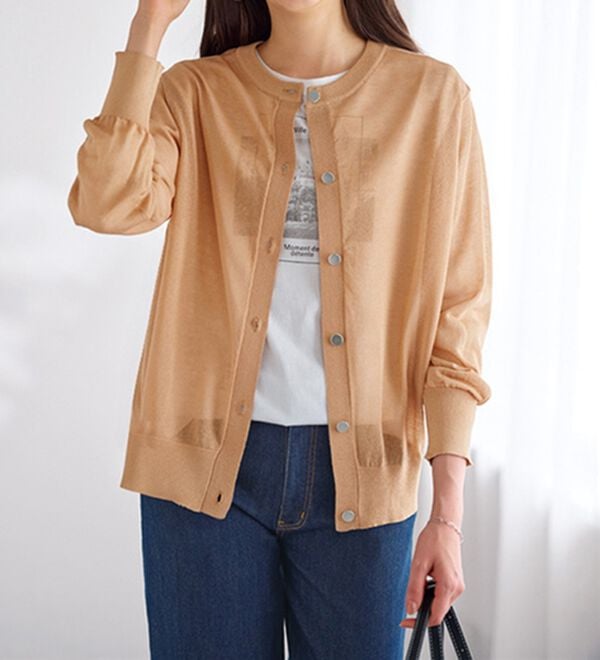 BELLUNA（ベルーナ）の「シアーニット２ＷＡＹカーディガン（ニット・セーター）」｜ライトオレンジ