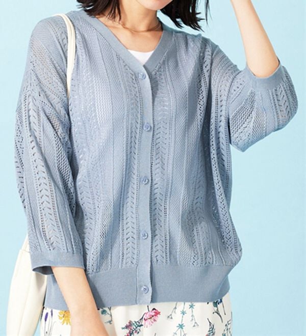 BELLUNA（ベルーナ）の「麻タッチ透かし編５分袖ニットカーディガン（ニットカーディガン）」｜詳細画像