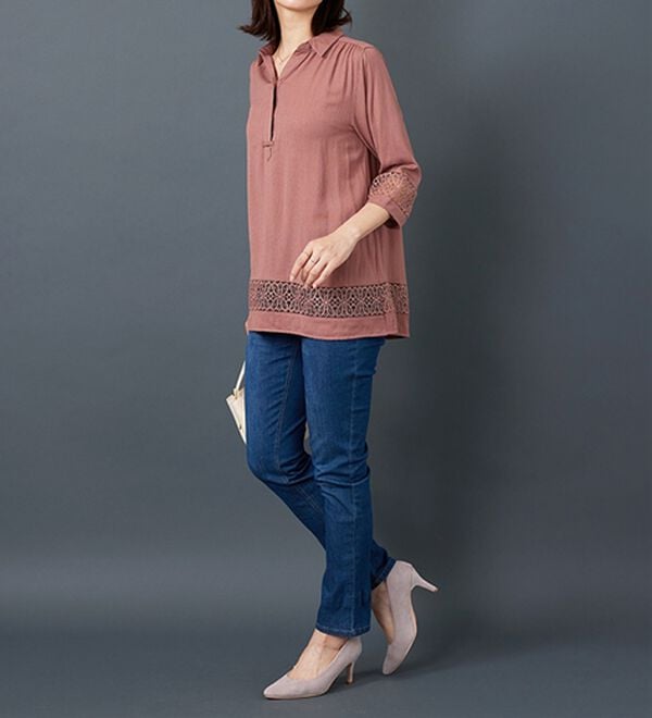 BELLUNA（ベルーナ）の「袖＆裾レースデザインシャツチュニック（チュニック）」｜詳細画像